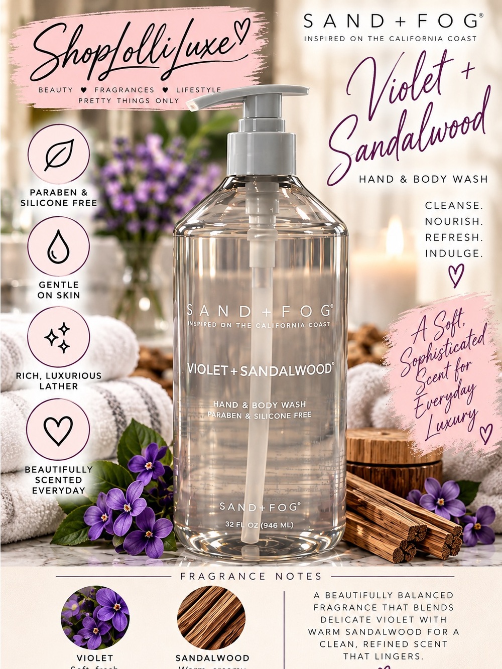 SAND+FOG Violet + Sandalwood Hand & Body Wash — Soft Pink